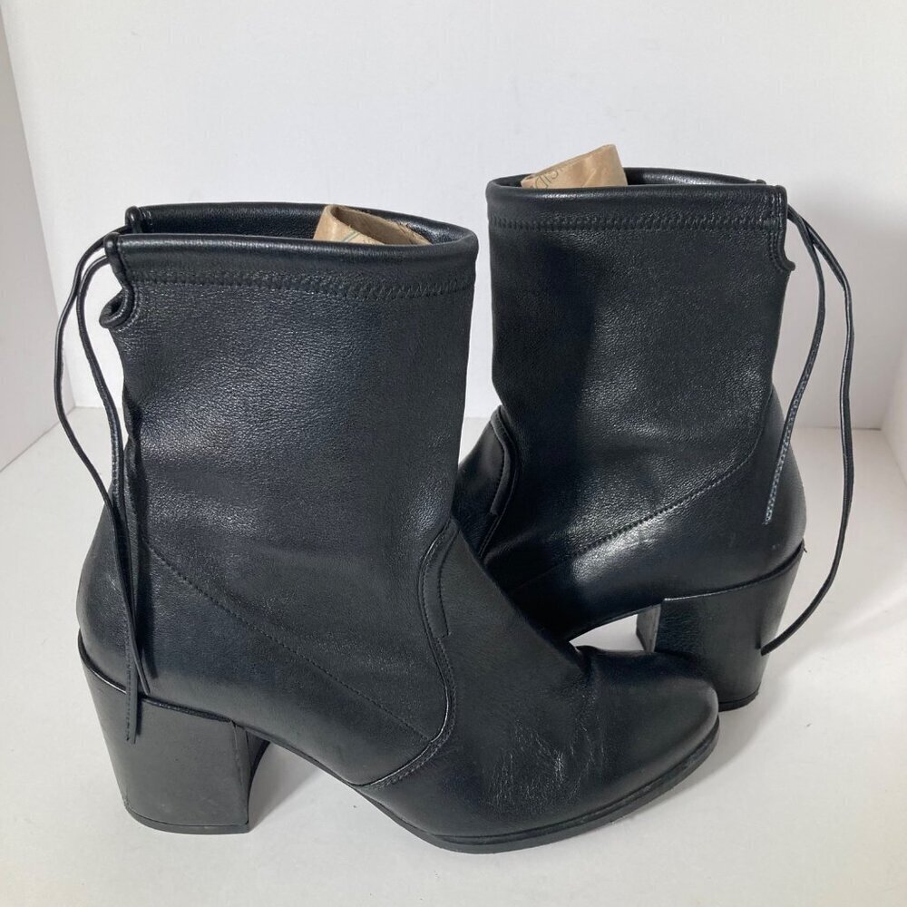 Womens Stewart Weitzman Heeled Ankle Boot Black Leather Round Toe Pull On Back L